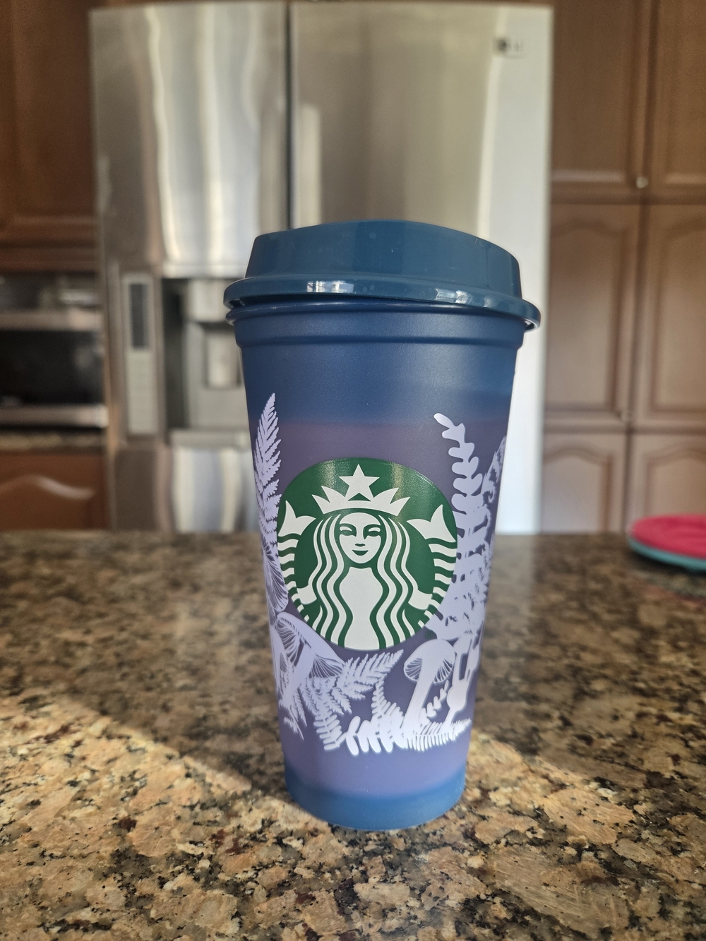 Starbucks Blue-Purple Colour Changing Gradient Reusable Cup with White Ferns